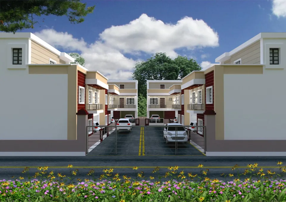 Two rows of two-storey duplex homes along a gated private lane with parked cars